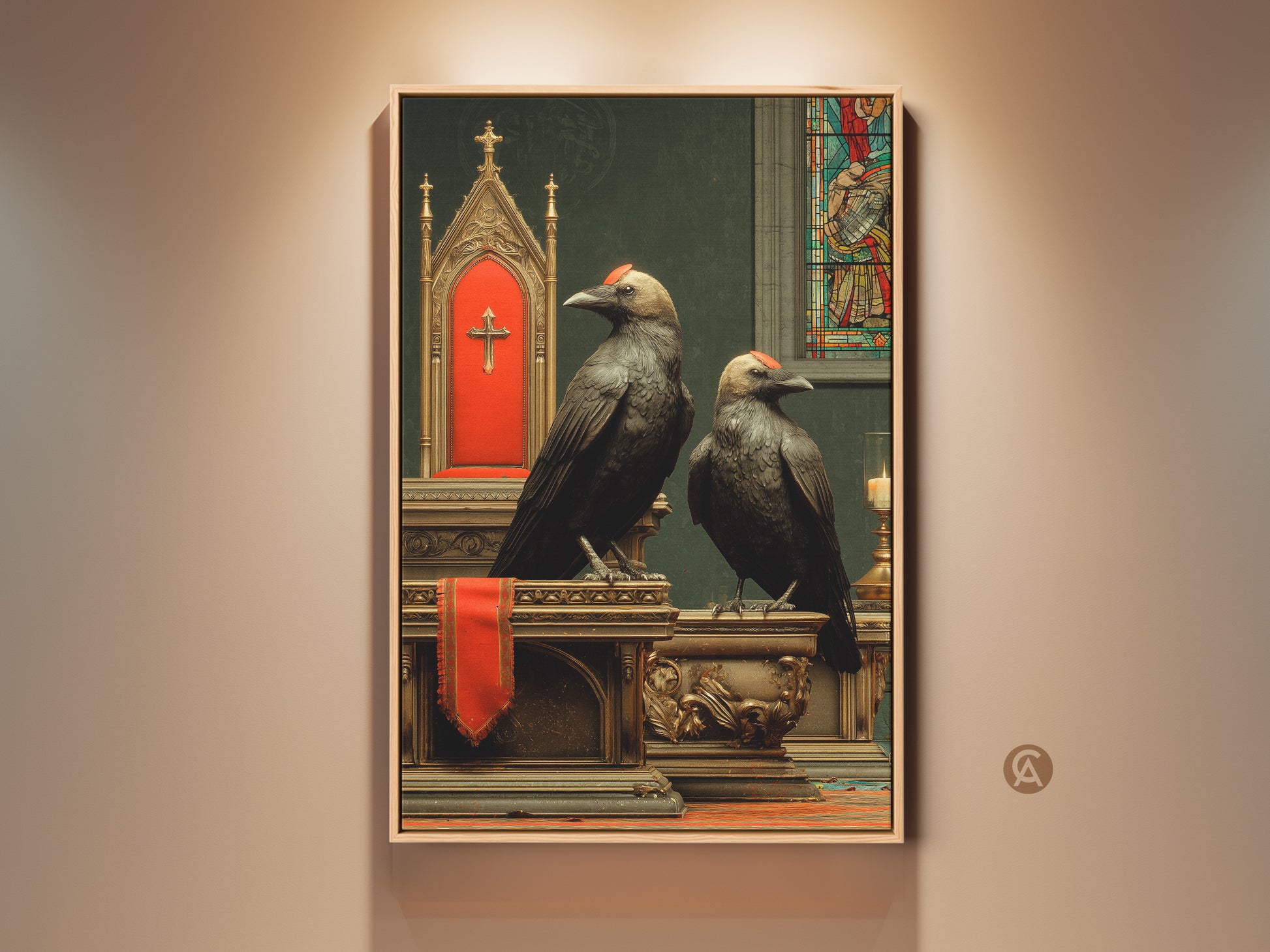 Gothic Altar Crow Art Print adds dark academia to your room. Religious birds wall decor perfect as a Halloween gift or for a study room. Discover eclectic vintage religious artwork with rich gold and red accents.