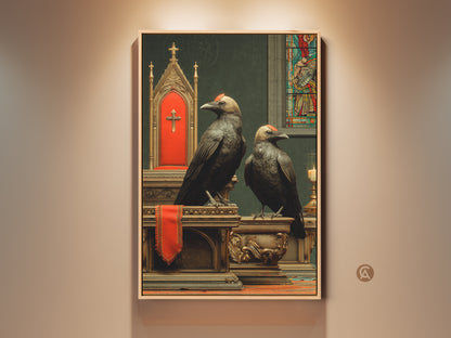 Gothic Altar Crow Art Print adds dark academia to your room. Religious birds wall decor perfect as a Halloween gift or for a study room. Discover eclectic vintage religious artwork with rich gold and red accents.