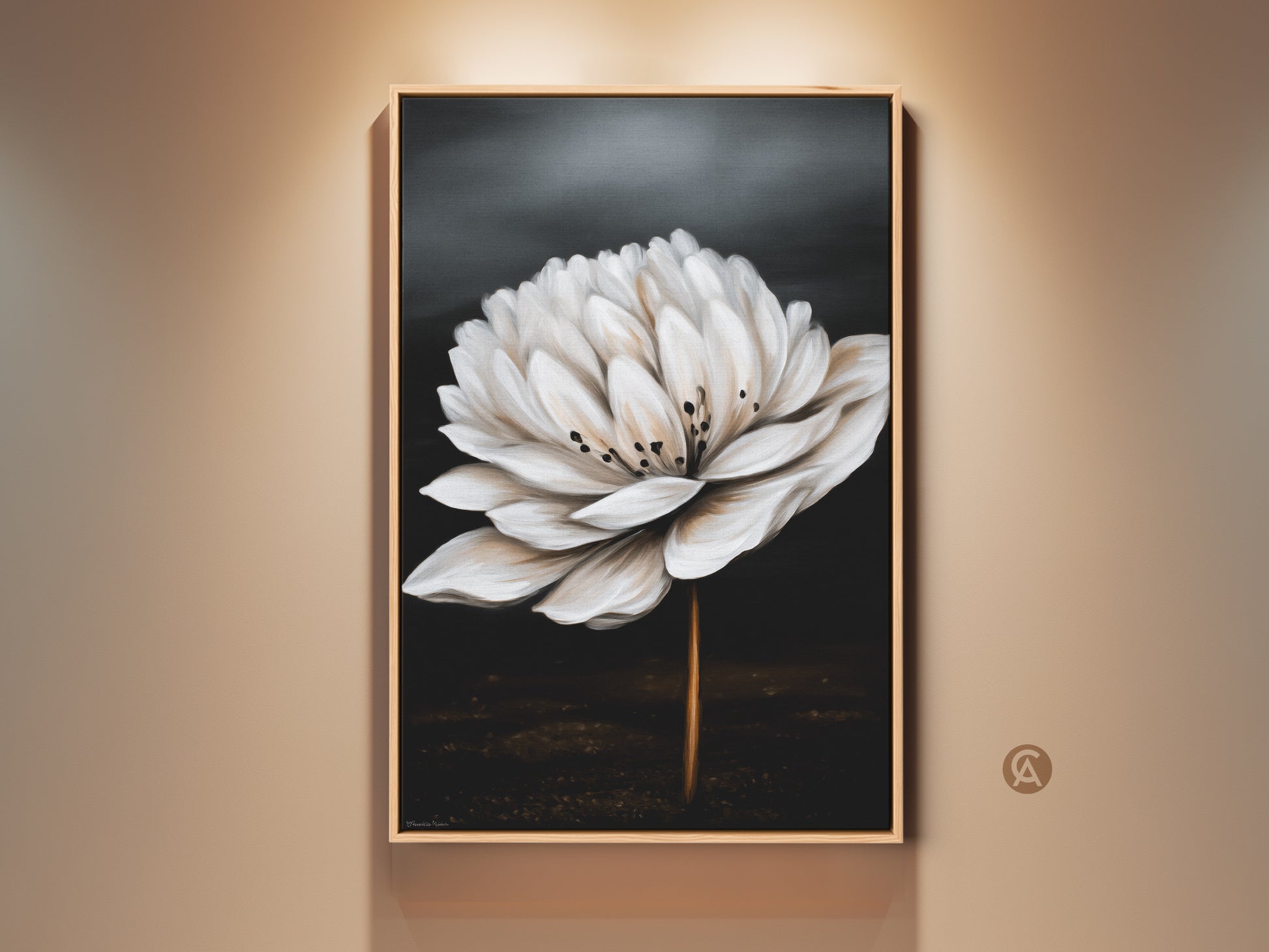Framed botanical wall art. This realistic white flower canvas art adds minimalist elegance to any room. Perfect contemporary style for bedroom art or home office decor in a brown frame.