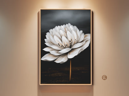 Framed botanical wall art. This realistic white flower canvas art adds minimalist elegance to any room. Perfect contemporary style for bedroom art or home office decor in a brown frame.
