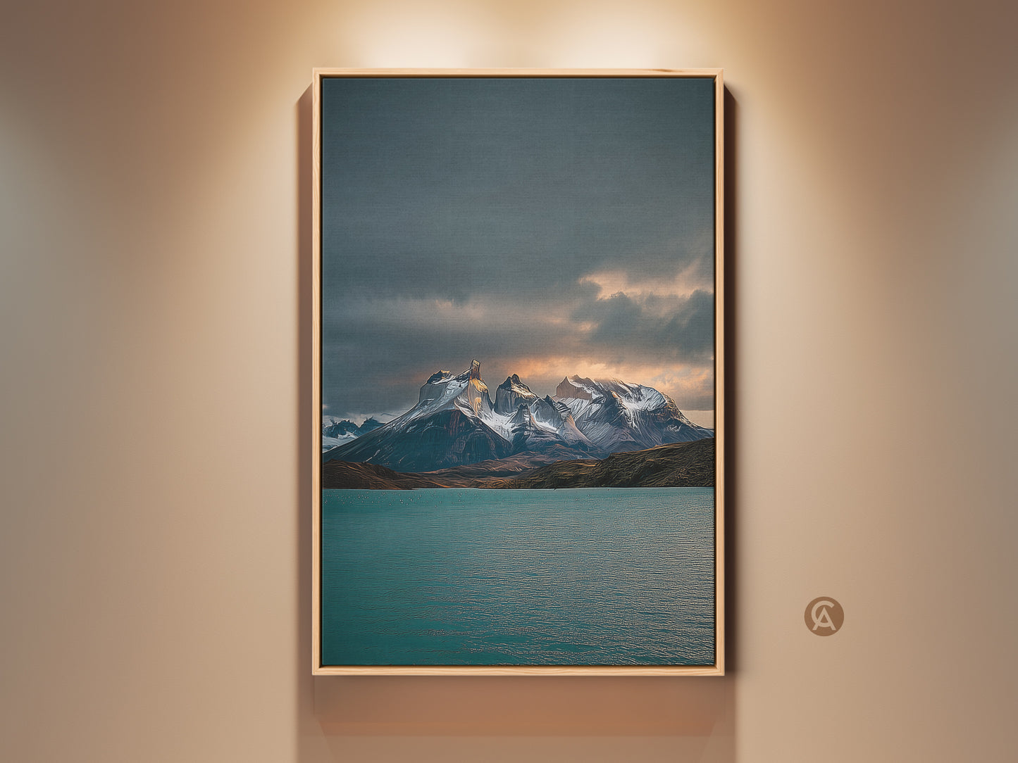Framed teal lake and snowy peaks landscape canvas art print. This contemporary blue gray nature wall decor is a great gift for hikers and outdoor lovers. Perfect bedroom wall decor.