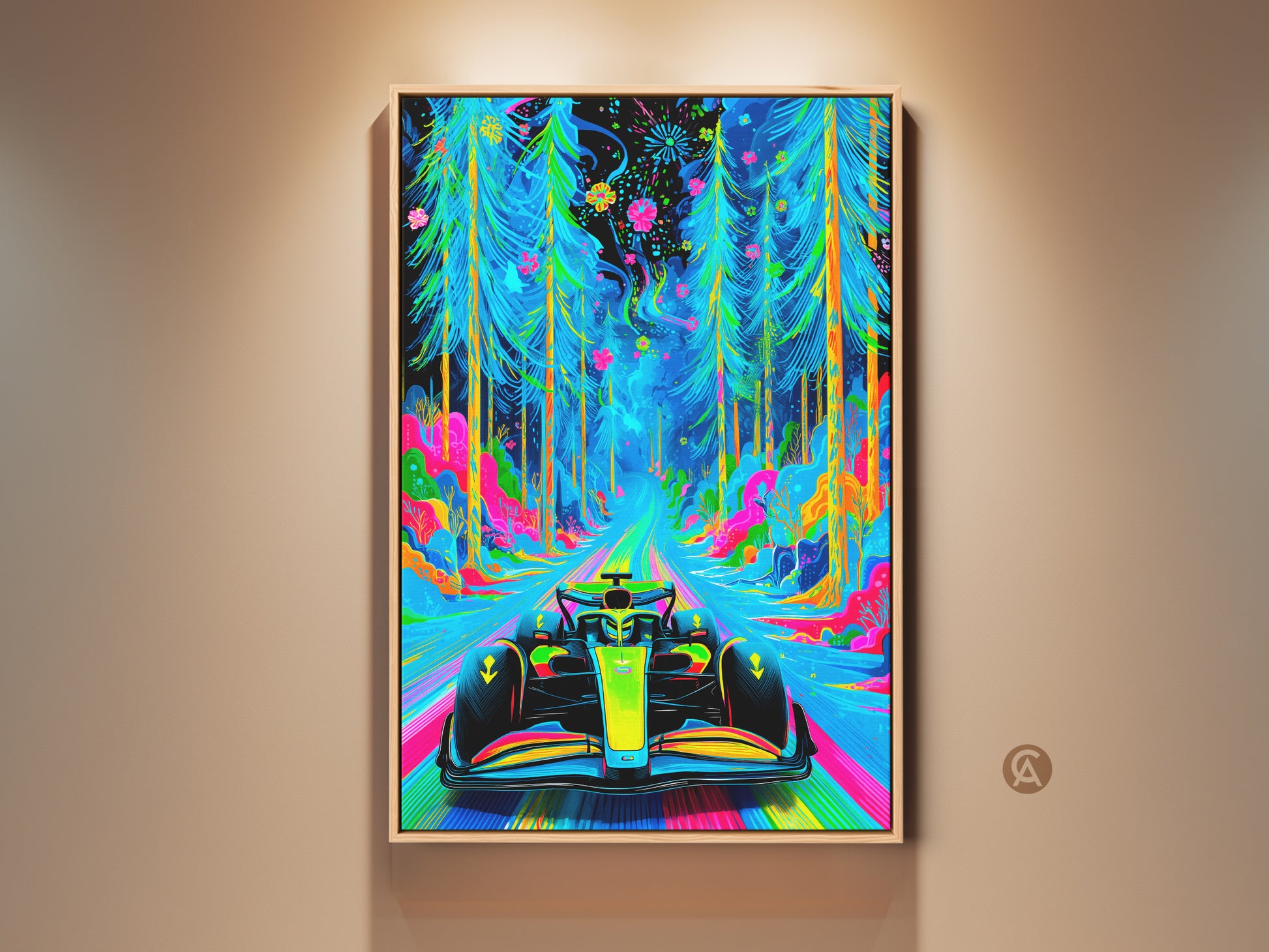 Experience the thrill with this abstract F1 car art print. Neon forest landscape wall art brings speed to life. The blue and green artwork adds contemporary flair. It is the perfect office decor for any F1 fan. Brighten your space with this unique piece.