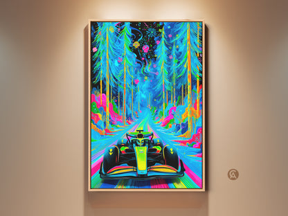 Experience the thrill with this abstract F1 car art print. Neon forest landscape wall art brings speed to life. The blue and green artwork adds contemporary flair. It is the perfect office decor for any F1 fan. Brighten your space with this unique piece.