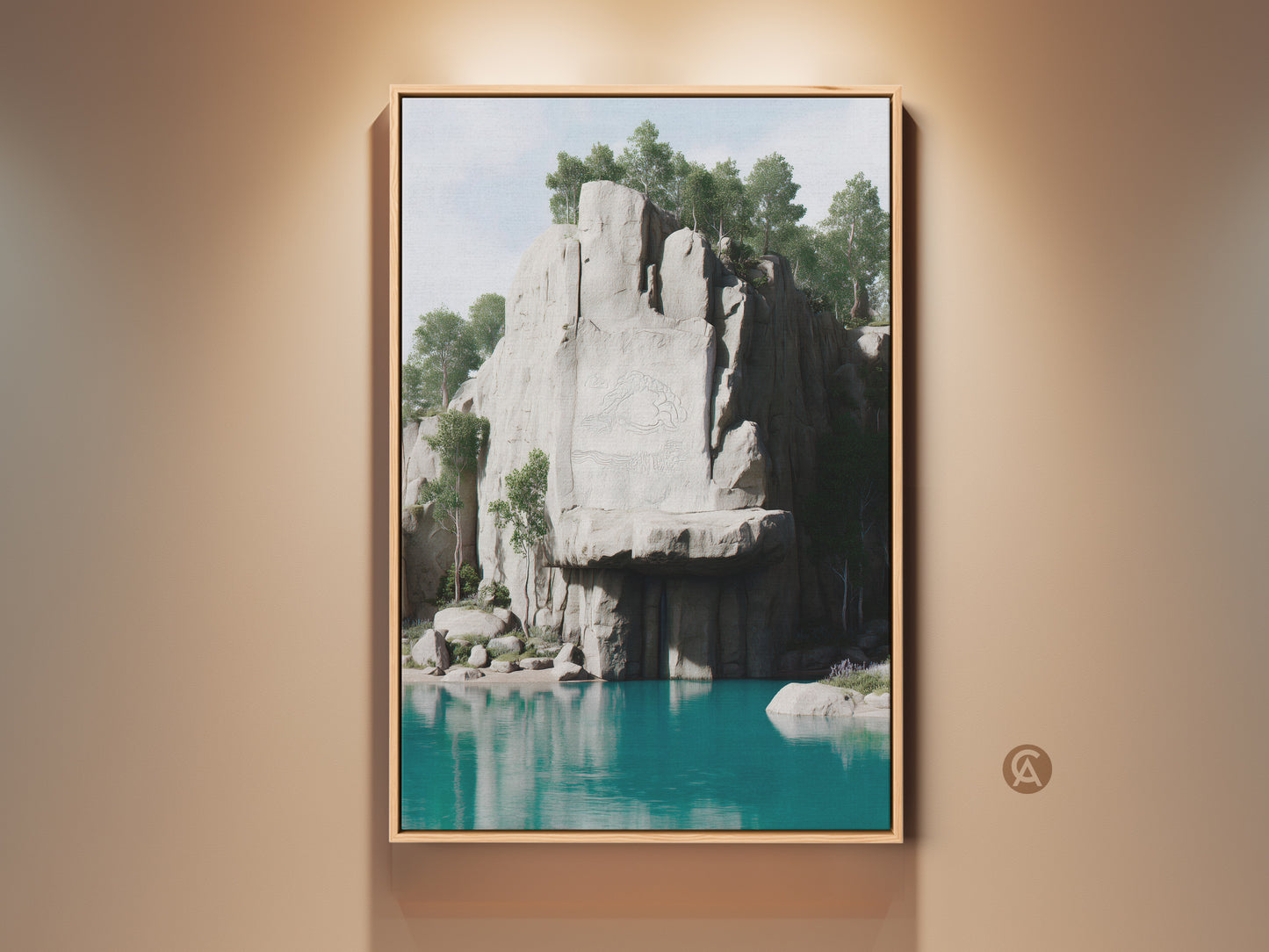 Teal Lake and Cliff Canvas Art Print displayed in a naturally lit setting. The scenic nature artwork captures a serene teal lake and a rugged gray cliff. This home decor makes a great gift.
