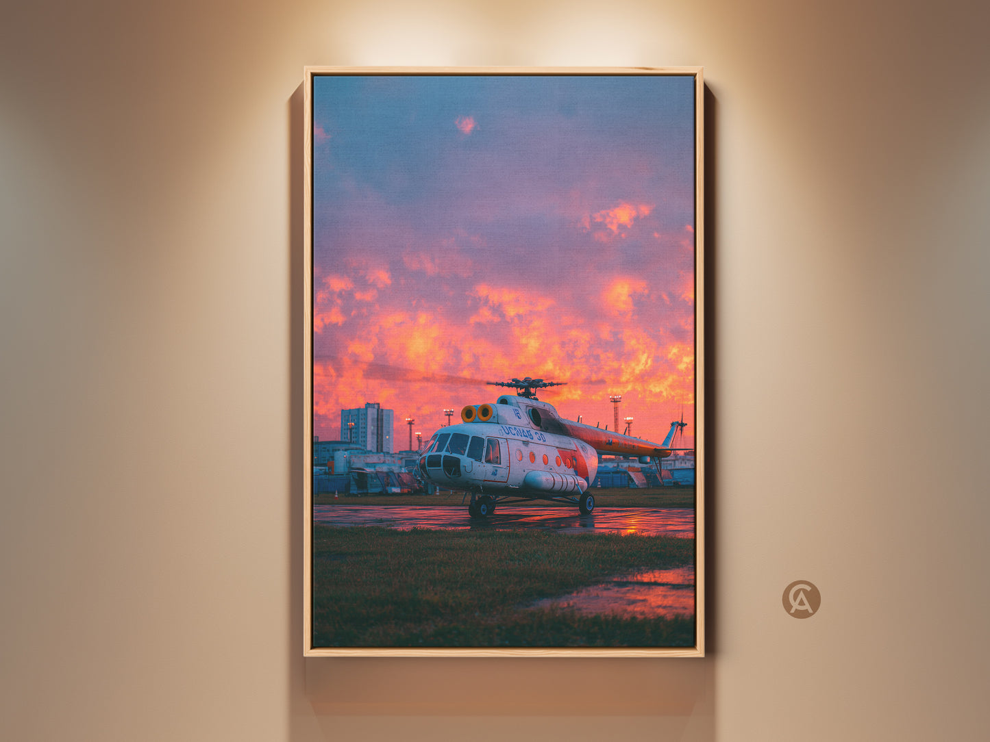 Framed aviation artwork. A helicopter is parked on the tarmac. The sky is a mix of blue and fiery orange at sunset. This framed canvas adds a touch of aviation history to any room.
