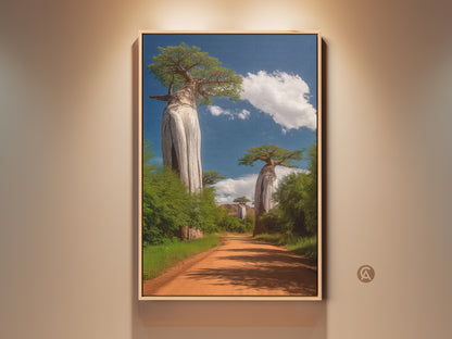Framed Baobab Tree Art Print. This African landscape photography showcases a rustic dirt road. Boho home decor for entryway art. A unique travel gift idea. The earthy tones bring warmth to any space.