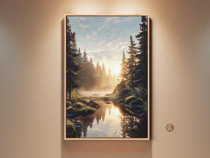 Rustic pine forest river wall art in a wooden frame. This golden hour landscape canvas print captures nature's beauty. The artwork is perfect for a bedroom or as an outdoor lover gift. Emerald green and sky blue colors create a tranquil scene.