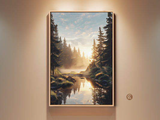 Rustic pine forest river wall art in a wooden frame. This golden hour landscape canvas print captures nature's beauty. The artwork is perfect for a bedroom or as an outdoor lover gift. Emerald green and sky blue colors create a tranquil scene.