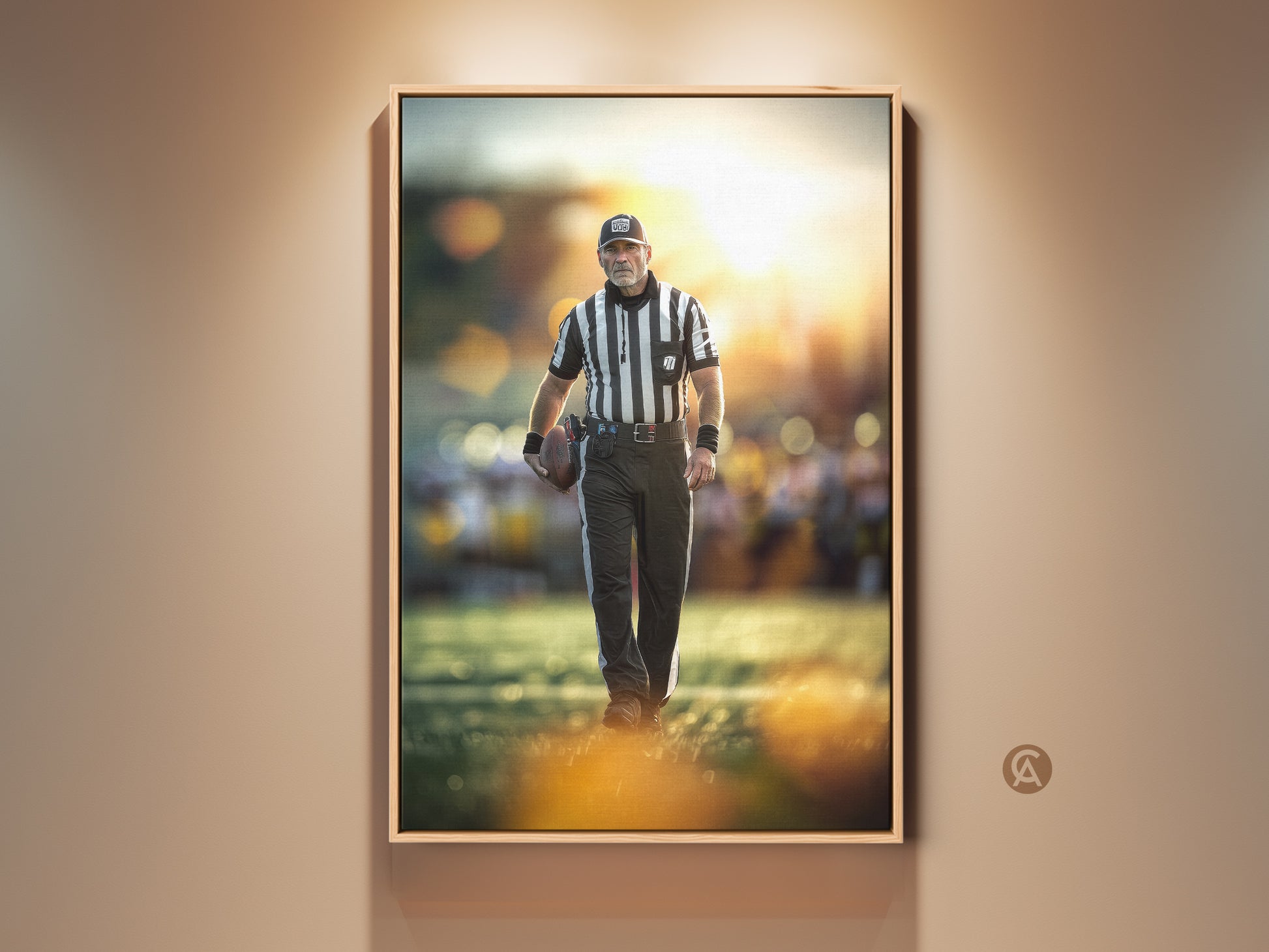Football referee canvas art for a man cave. This sports action photography captures a ref in uniform. It's great office artwork. This black white and yellow piece is a perfect gift for football fans.