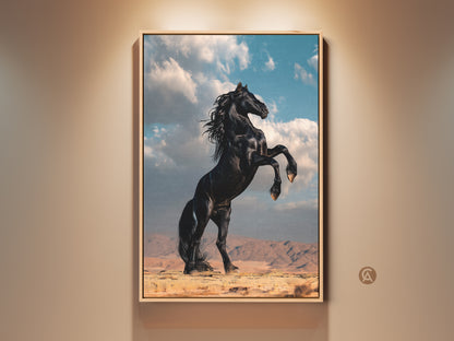 Rustic black horse art print. See the wild horse rearing in a desert scene. This equestrian wall decor adds nature to your home. It's a great housewarming gift idea.