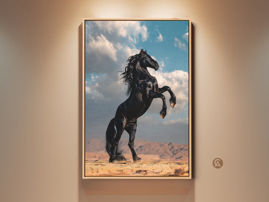 Rustic black horse art print. See the wild horse rearing in a desert scene. This equestrian wall decor adds nature to your home. It's a great housewarming gift idea.