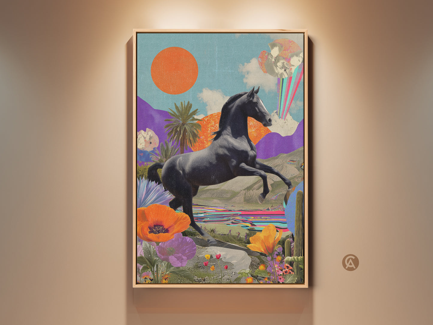 Eclectic Horse Collage art in a floating frame. The surreal nature print has a retro futurism aesthetic. The artwork features orange teal and purple colors. It is a unique gift for equestrian lovers and perfect bedroom art.