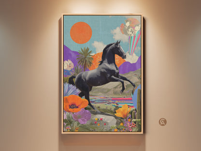 Eclectic Horse Collage art in a floating frame. The surreal nature print has a retro futurism aesthetic. The artwork features orange teal and purple colors. It is a unique gift for equestrian lovers and perfect bedroom art.