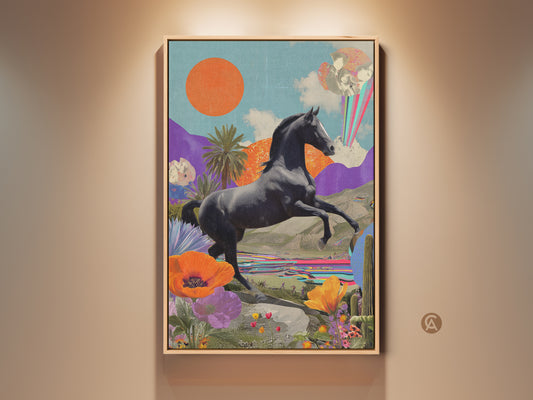 Eclectic Horse Collage art in a floating frame. The surreal nature print has a retro futurism aesthetic. The artwork features orange teal and purple colors. It is a unique gift for equestrian lovers and perfect bedroom art.