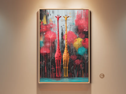Framed canvas art featuring two giraffes in abstract geometric style. This yellow and red animal canvas print is perfect eclectic home decor. It is a great gift for animal lovers.