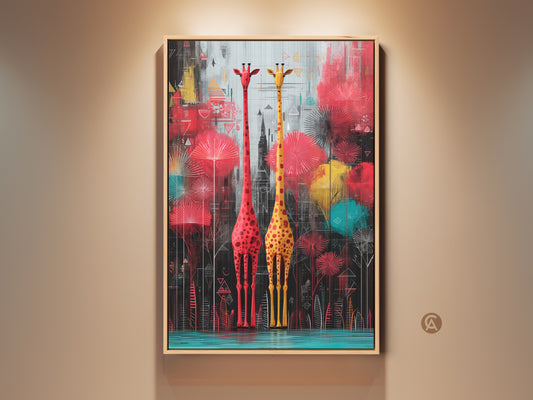 Framed canvas art featuring two giraffes in abstract geometric style. This yellow and red animal canvas print is perfect eclectic home decor. It is a great gift for animal lovers.