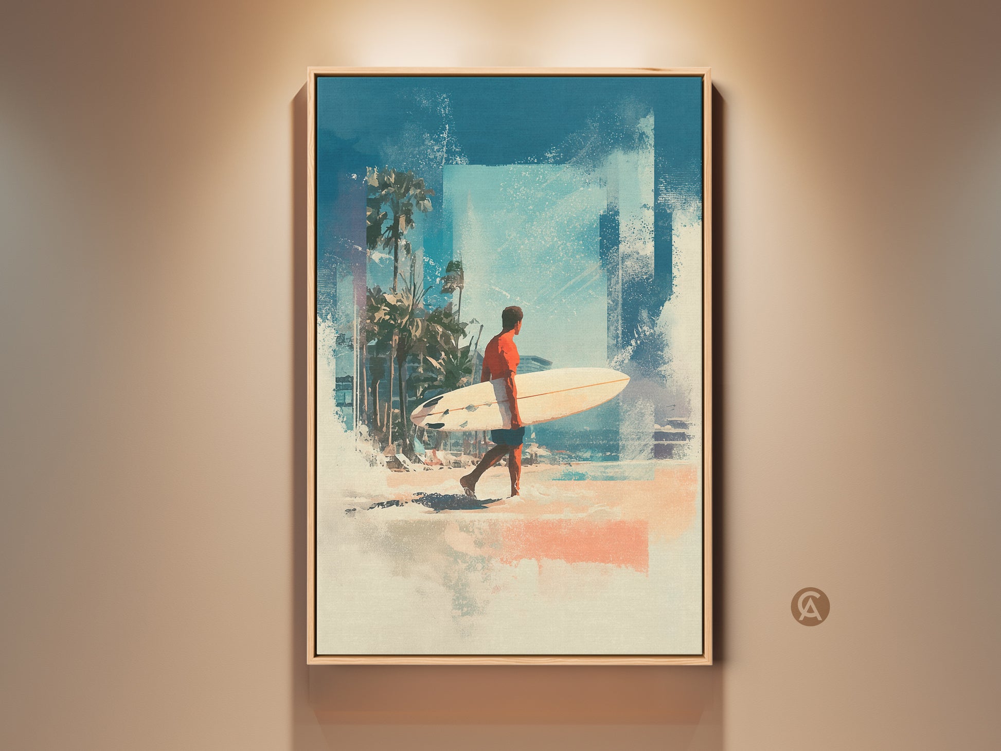 Experience the allure of coastal living with this framed art. A surfer walks along the beach carrying his board. Palm trees sway in the background. The artwork style captures the essence of a serene beach day. Perfect for adding a touch of summer to any space. Shop now for beach art.