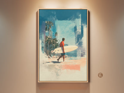 Experience the allure of coastal living with this framed art. A surfer walks along the beach carrying his board. Palm trees sway in the background. The artwork style captures the essence of a serene beach day. Perfect for adding a touch of summer to any space. Shop now for beach art.
