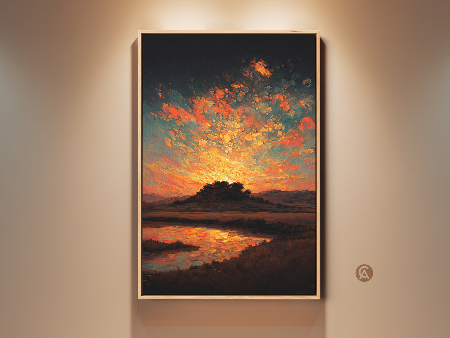 Impressionistic sunset canvas art print. This wall art features rolling hills and reflective water. The artwork is rendered in orange yellow and teal. An eclectic nature lovers gift.