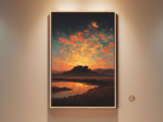 Impressionistic sunset canvas art print. This wall art features rolling hills and reflective water. The artwork is rendered in orange yellow and teal. An eclectic nature lovers gift.