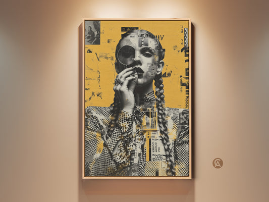 Retro woman portrait collage art print. Eclectic wall art with yellow and gold accents for a study or office. The artwork features a vintage magnifying glass detail. This unique woman artwork enhances any office space. It makes a perfect birthday gift for art lovers.