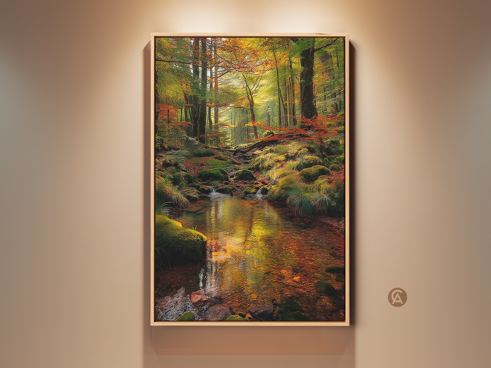 Experience the allure of nature with this framed artwork. A tranquil forest stream mirrors the vibrant autumn foliage. The artwork is displayed on a neutral wall. It brings a serene natural scene to any room with museum-quality prints and framing.