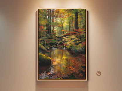 Experience the allure of nature with this framed artwork. A tranquil forest stream mirrors the vibrant autumn foliage. The artwork is displayed on a neutral wall. It brings a serene natural scene to any room with museum-quality prints and framing.
