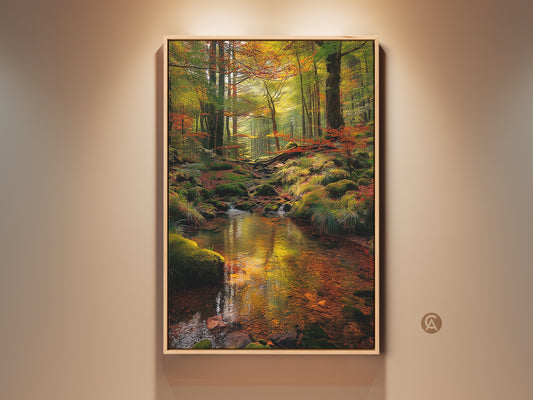 Experience the allure of nature with this framed artwork. A tranquil forest stream mirrors the vibrant autumn foliage. The artwork is displayed on a neutral wall. It brings a serene natural scene to any room with museum-quality prints and framing.