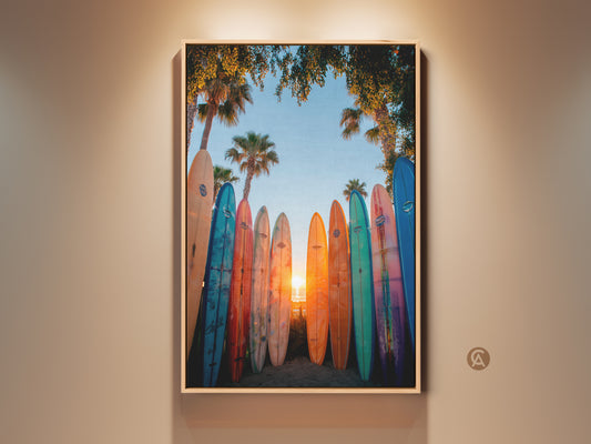 A framed canvas artwork featuring colorful surfboards leaning against palm trees on a beach at sunset. This tropical wall art brings a touch of coastal charm to any space. The warm hues of the setting sun create a serene and inviting atmosphere. Perfect for surf enthusiasts and beach lovers alike.