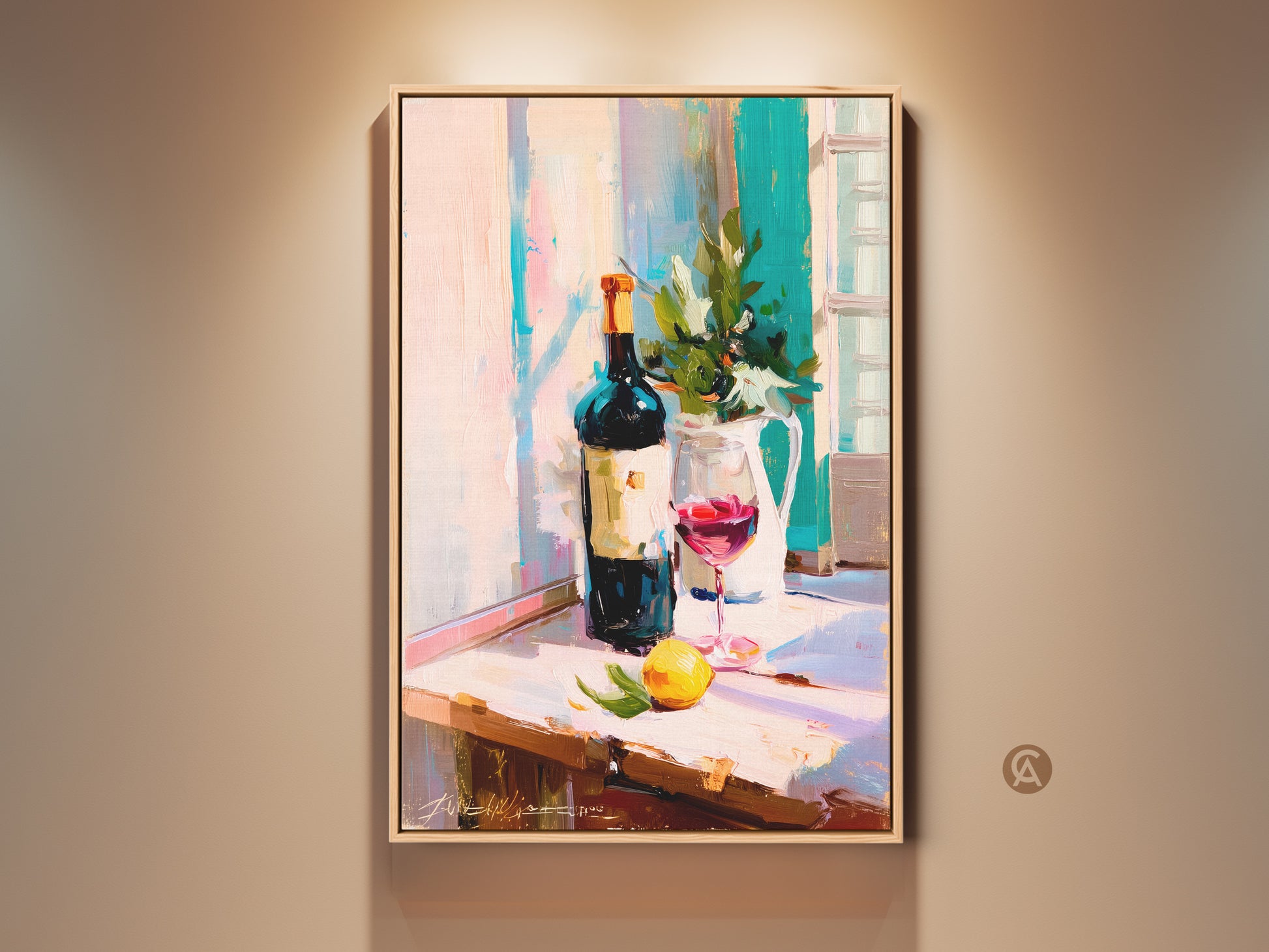 Contemporary still life art features a wine bottle and red wine glass. This painterly artwork captures a lemon and evokes a kitchen decor theme. The art print is a perfect gift for wine lovers. The yellow and teal tones add a modern touch to bar area wall hangings. It enhances any home with its artistic wine scene.