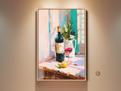 Contemporary still life art features a wine bottle and red wine glass. This painterly artwork captures a lemon and evokes a kitchen decor theme. The art print is a perfect gift for wine lovers. The yellow and teal tones add a modern touch to bar area wall hangings. It enhances any home with its artistic wine scene.