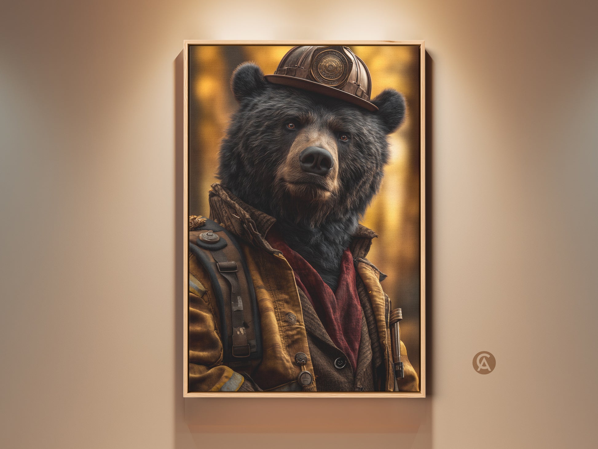 Gallery display of wildlife bear firefighter art. This realistic animal portrait is perfect office wall art. The eclectic decor includes yellow brown and amber tones. This canvas print is a great gift for bear lovers