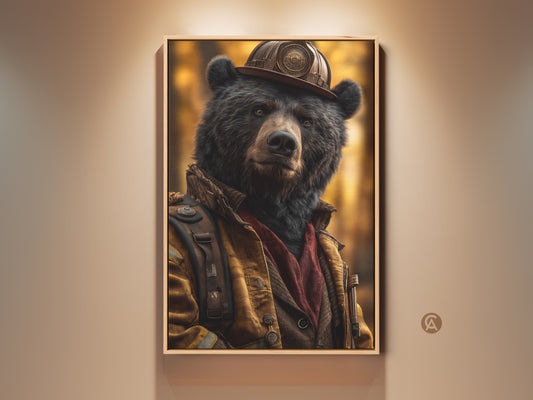 Gallery display of wildlife bear firefighter art. This realistic animal portrait is perfect office wall art. The eclectic decor includes yellow brown and amber tones. This canvas print is a great gift for bear lovers