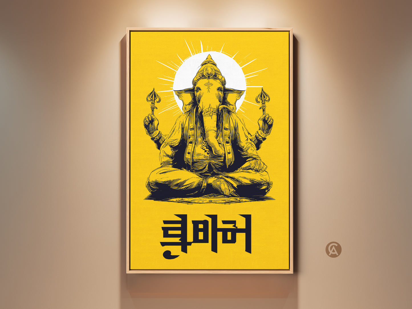 Hindu Ganesha canvas print displayed on a wall. The artwork features yellow and black line art. It adds spiritual decor to a study room. This mythology-inspired gift makes a unique housewarming present. The art captures the deity's essence.