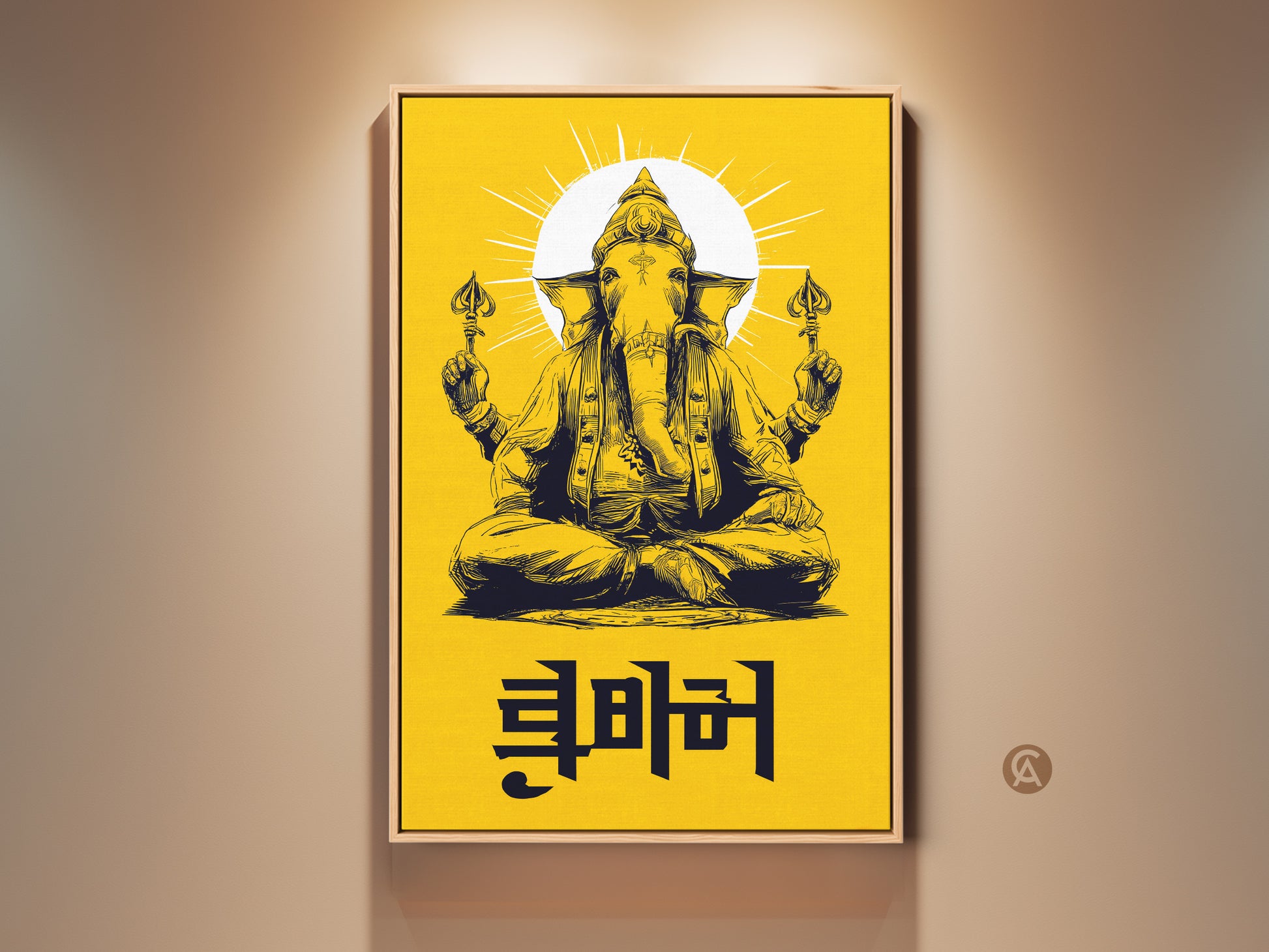 Hindu Ganesha canvas print displayed on a wall. The artwork features yellow and black line art. It adds spiritual decor to a study room. This mythology-inspired gift makes a unique housewarming present. The art captures the deity's essence.