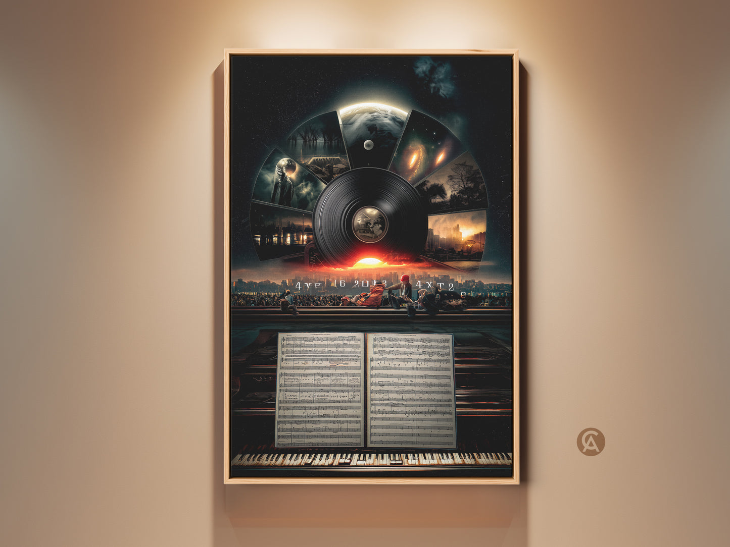 Conceptual space art features a surreal music cityscape. Sunset orange art complements the dark teal decor. This vinyl record art print is framed adding sophistication to the sheet music artwork.