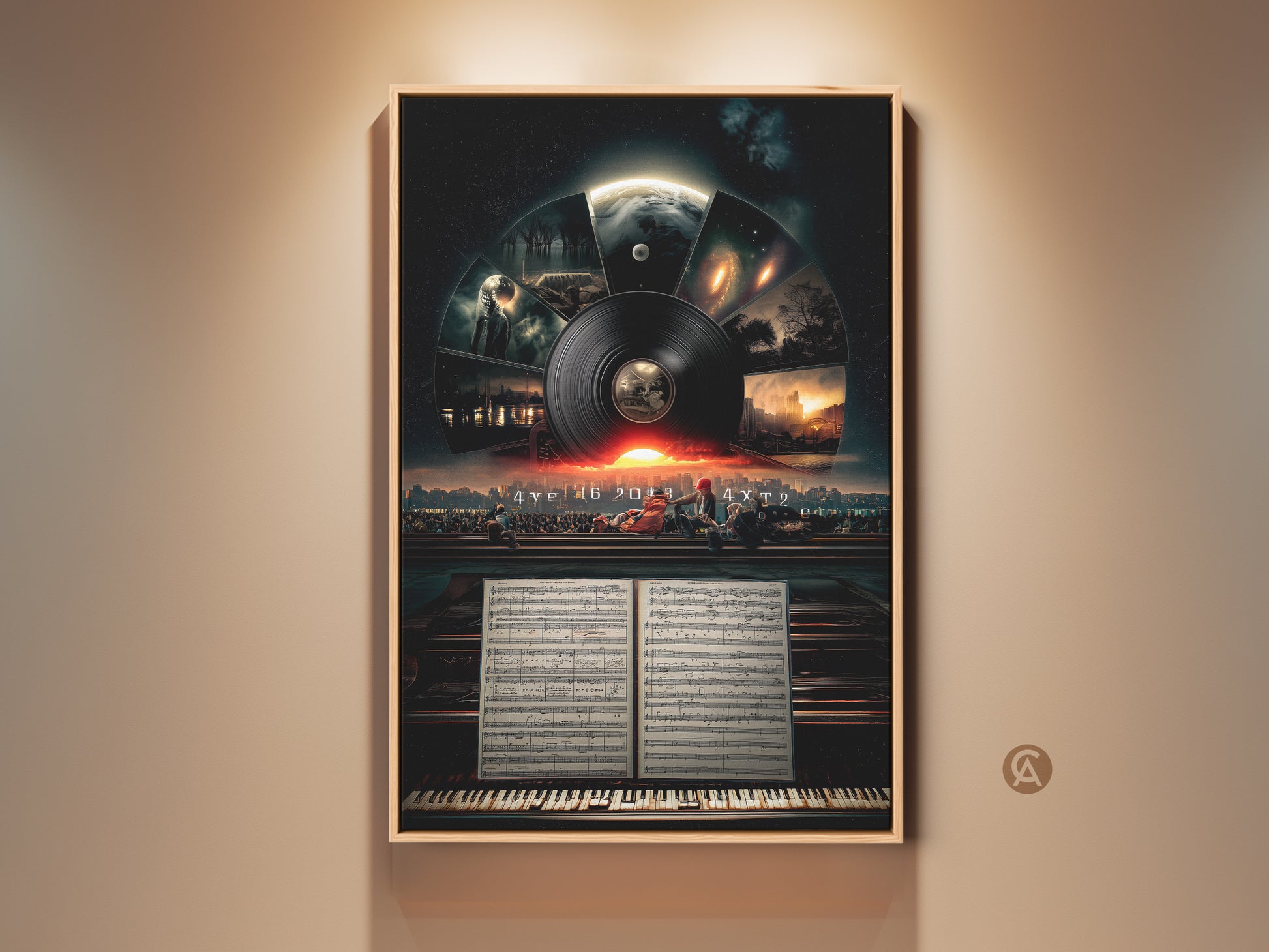 Conceptual space art features a surreal music cityscape. Sunset orange art complements the dark teal decor. This vinyl record art print is framed adding sophistication to the sheet music artwork.