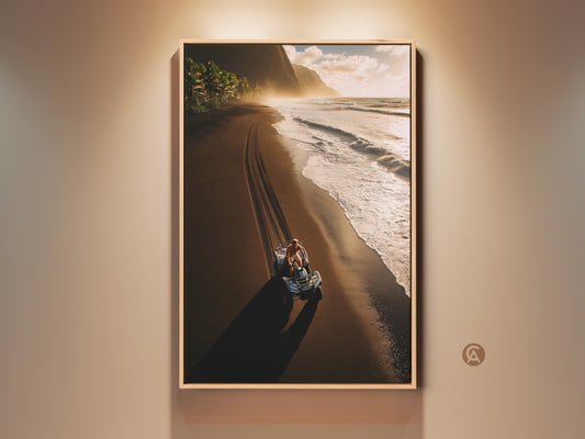 Coastal Landscape Photography Print features an ATV on a Black Sand Beach. This ocean blue and warm earth tones artwork captures the spirit of adventure. Perfect adventure gift for him.
