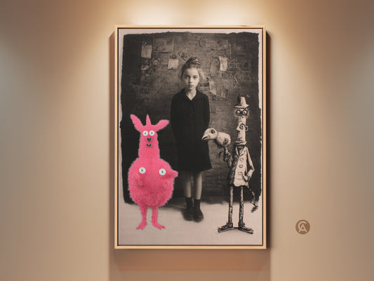 Gothic Fantasy Art Print featuring a surreal girl with a pink creature and birdman. This dark academia eclectic wall decor is a unique Halloween gift. The black and white art has a pink accent. Perfect for surrealism art fans looking for unusual wall decor.