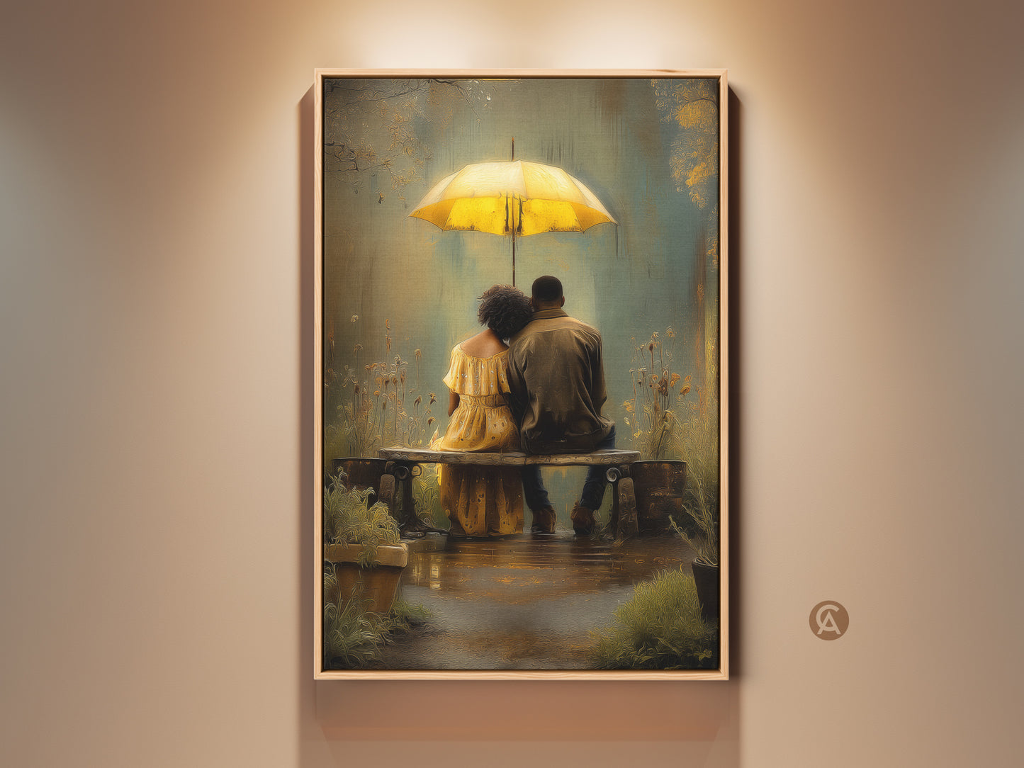 Romantic couple wall art featuring a couple under a yellow umbrella. This canvas print captures a tender moment on a rainy day. The artwork has a bohemian style perfect as an anniversary gift. It brings a touch of heartfelt emotion to any home decor.