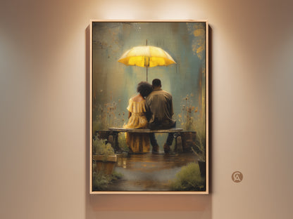 Romantic couple wall art featuring a couple under a yellow umbrella. This canvas print captures a tender moment on a rainy day. The artwork has a bohemian style perfect as an anniversary gift. It brings a touch of heartfelt emotion to any home decor.