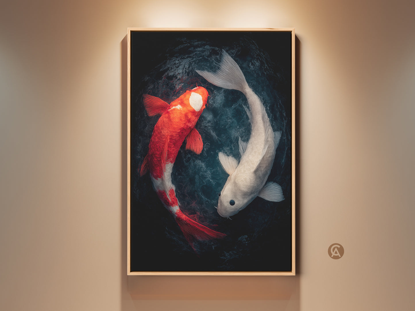 Framed koi fish art print is displayed on a wall. The fine art shows a red and white fish in yin and yang positions. This ready to hang wall art enhances any room decor.