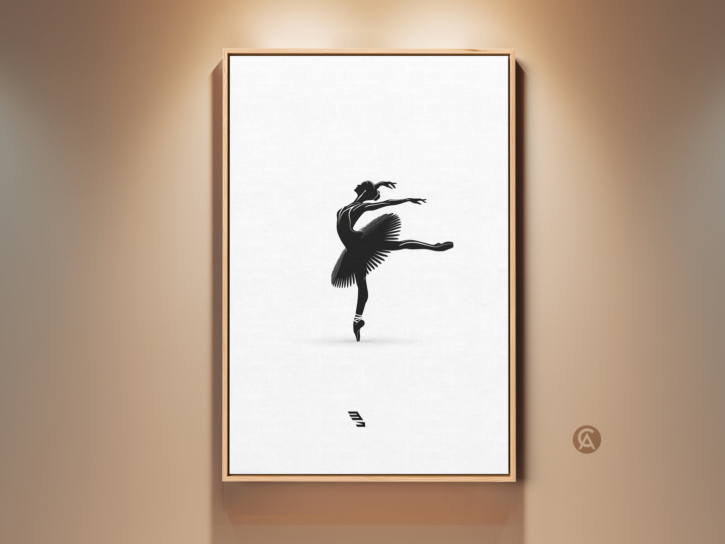 Ballerina silhouette artwork framed in a light wood. A minimalist black and white dancer wall decor. Elegant ballet pose art for bedroom. A perfect gift for dancers. This artwork enhances any dance studio or living space with a touch of refined artistry.