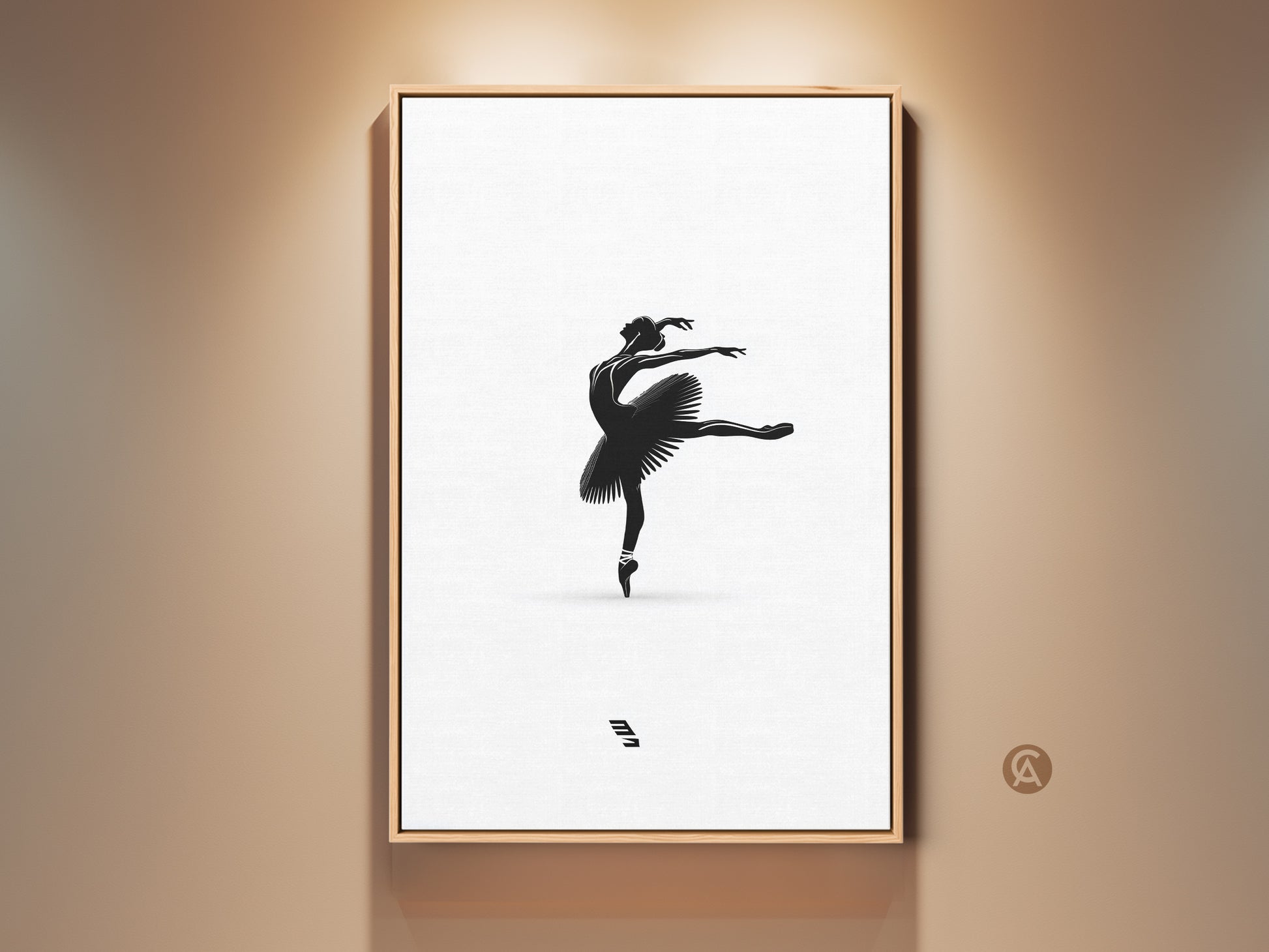 Ballerina silhouette artwork framed in a light wood. A minimalist black and white dancer wall decor. Elegant ballet pose art for bedroom. A perfect gift for dancers. This artwork enhances any dance studio or living space with a touch of refined artistry.