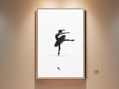Ballerina silhouette artwork framed in a light wood. A minimalist black and white dancer wall decor. Elegant ballet pose art for bedroom. A perfect gift for dancers. This artwork enhances any dance studio or living space with a touch of refined artistry.