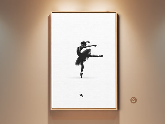 Ballerina silhouette artwork framed in a light wood. A minimalist black and white dancer wall decor. Elegant ballet pose art for bedroom. A perfect gift for dancers. This artwork enhances any dance studio or living space with a touch of refined artistry.