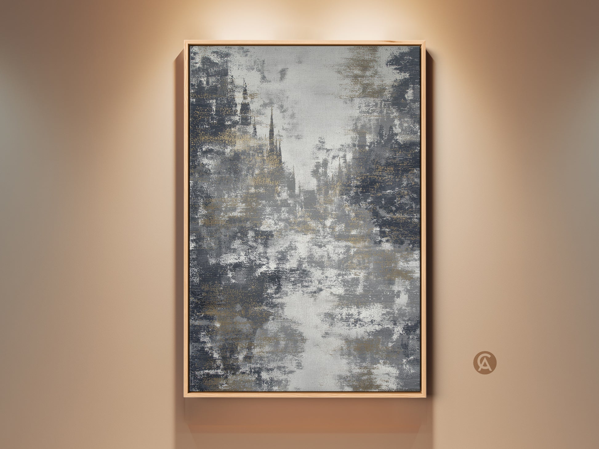 View a framed textured abstract cityscape art print. The charcoal and gold artwork adds contemporary flair to your office decor. The abstract city view is printed on canvas. It's a perfect eclectic housewarming gift. The gothic architecture art features distressed textures for a unique vibe.