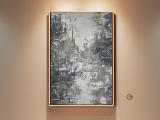 View a framed textured abstract cityscape art print. The charcoal and gold artwork adds contemporary flair to your office decor. The abstract city view is printed on canvas. It's a perfect eclectic housewarming gift. The gothic architecture art features distressed textures for a unique vibe.