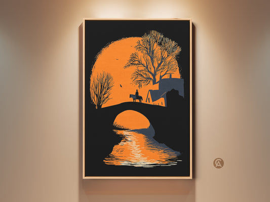 Modern farmhouse wall decor featuring a minimalist bridge horse rider silhouette artwork. This landscape canvas art print showcases an orange sunset nature scene. It adds a unique touch to any room. A perfect housewarming gift for wanderers. 