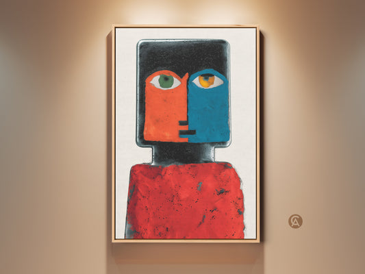Framed Contemporary Abstract Face Portrait artwork. The red and blue figurative art adds eclectic charm to a living room wall. It makes a thoughtful housewarming gift for art lovers.